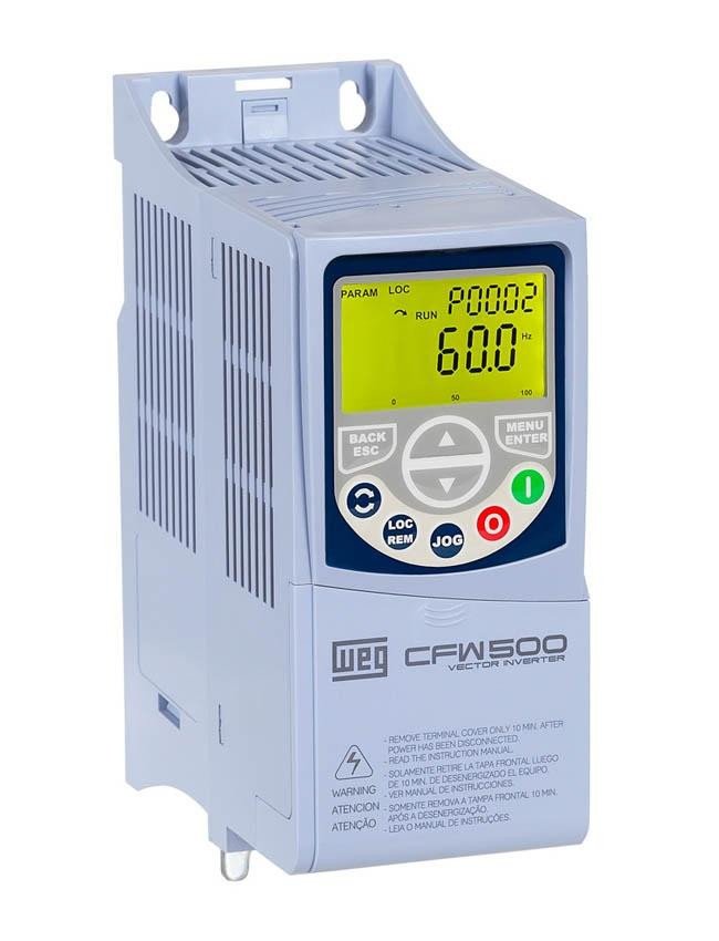 [Imagem INVERSOR DE FREQUÊNCIA TRIFÁSICO 2,2KW 6,1A 380/480V 50/60HZ 15013235 CFW500A06P1T4NB20G2 WEG]