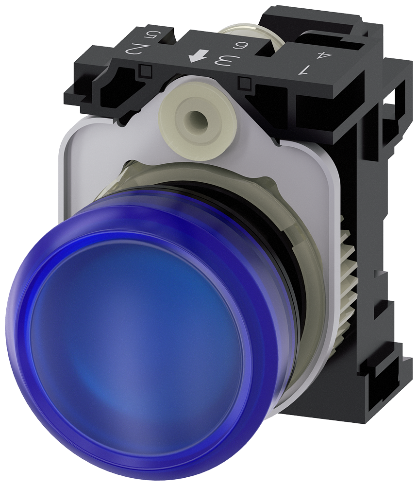 [Imagem do produto SINALIZADOR LUMINOSO, 22MM, REDONDO, PLÁSTICO, AZUL, LENTE, PLANO, 230V CA 3SU11066AA503AA0 SIEMENS]