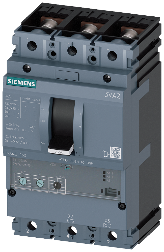 [Imagem DISJUNTOR CAIXA MOLDADA TRIPOLAR FIXO 200A 690V 55KA 3VA22205MN320AA0 SIEMENS]