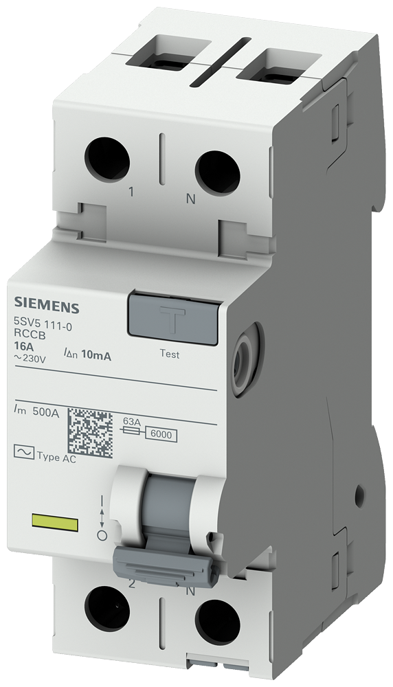 [Imagem DISJUNTOR DE CORRENTE DE FUGA, 2 POLOS, TIPO CA, IN: 63 A, 100 MA, UN CA: 230 V 5SV54160 SIEMENS]