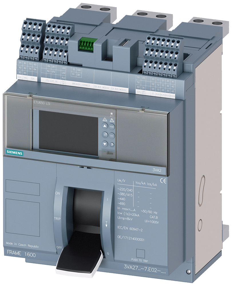 [Imagem DISJUNTOR COM ALAVANCA BASCULANTE COMPACTO DE MONTAGEM FIXA FRAME 1600; 4AUX ... 3VA27165DE020AA0 SIEMENS]