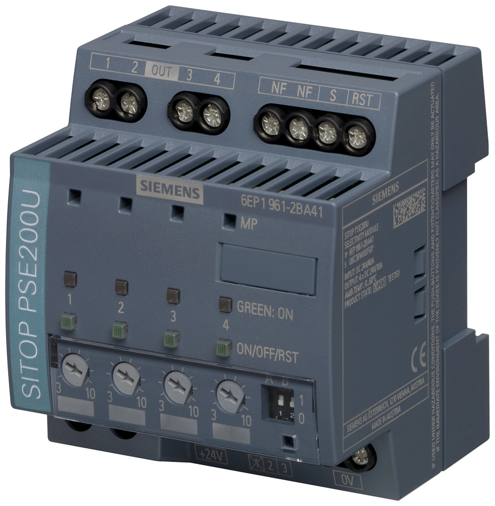 [Imagem MÓDULO SELECTIVIDADE ENTRADA 4 CANAIS 24VCC/40A SAÍDA 24VCC/4X10A SITOP PSE200U 6EP19612BA41 SIEMENS]