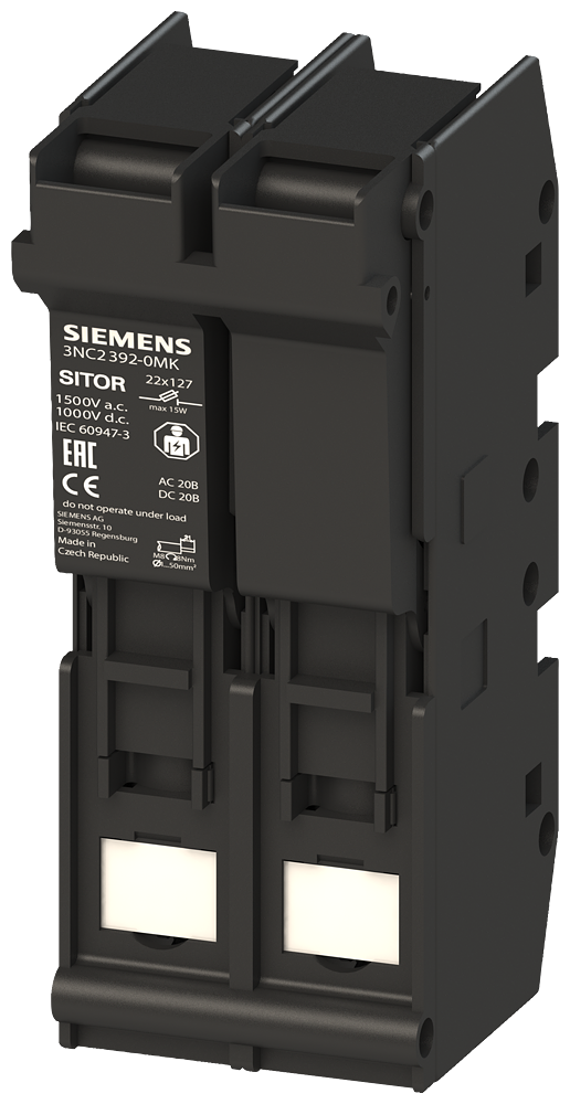 [Imagem do produto SITOR PORTA-FUSÍVEIS 22X 127 63A 1500V CA/CC 1000V DE 2 POLOS 3NC23920MK SIEMENS]