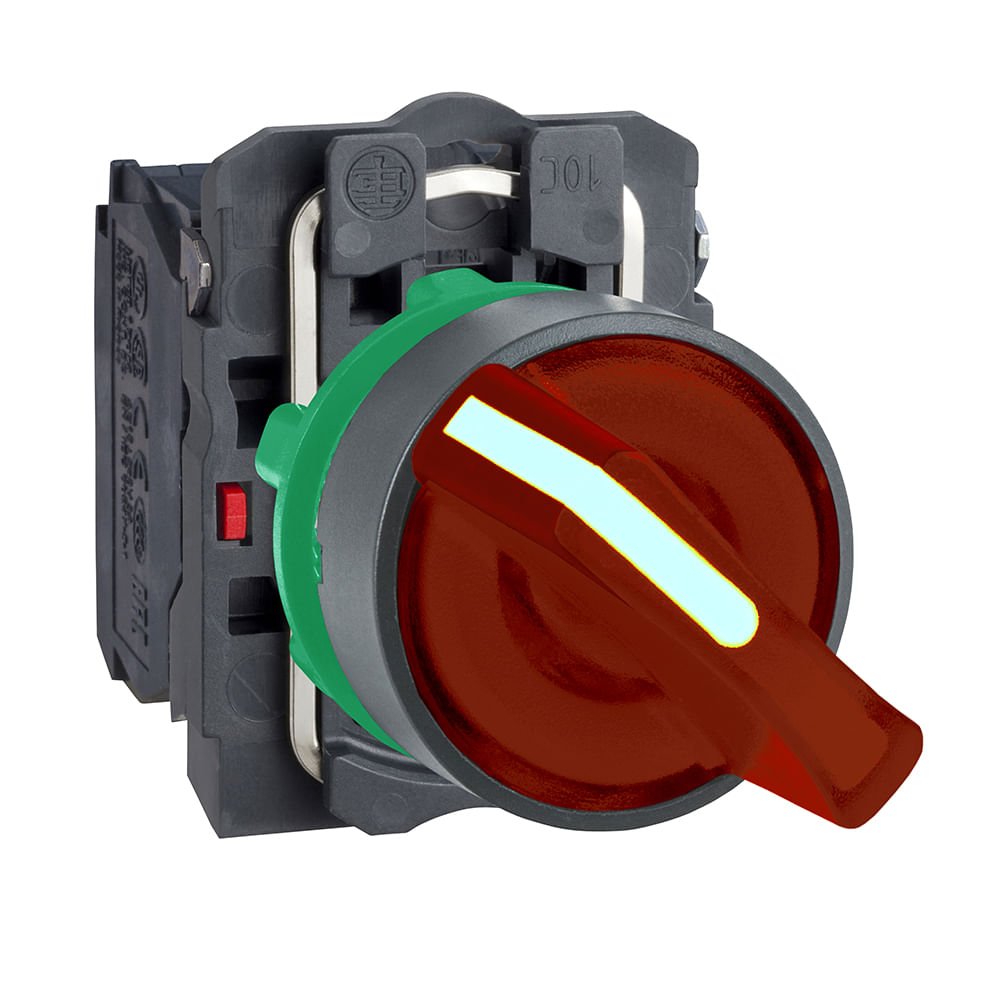 [Imagem COMUTADOR LUMINOSO Ø22MM PLÁSTICO 2 POSIÇÕES FIXAS, VEMELHO, NA+NF, 24V XB5AK124B5 SCHNEIDER]