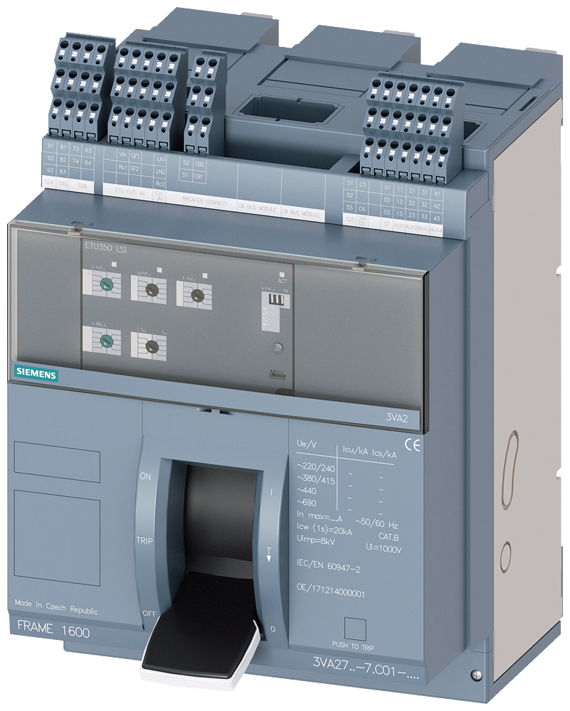 [Imagem DISJUNTOR COM ALAVANCA BASCULANTE COMPACTO DE MONTAGEM FIXA FRAME 1600; 4AUX ... 3VA27805AC010AA0 SIEMENS]