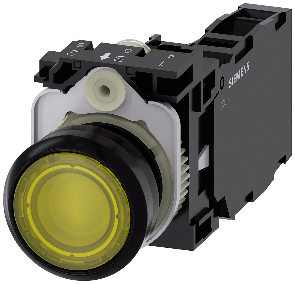 [Imagem do produto BOTÃO DE PRESSÃO, ILUMINADO, 22MM, REDONDO, PLÁSTICO, AMARELO, 1NA+1NF, 110V CA 3SU11030AB301FA0 SIEMENS]