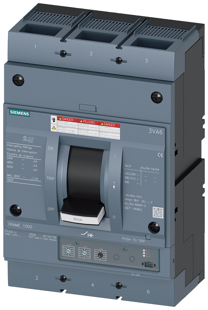 [Imagem DISJUNTOR 3VA6 UL FRAME 800 CLASSE DE CAPACIDADE DE COMUTAÇÃO H 65KA @ 480 V  3VA65806HL320AA0 SIEMENS]