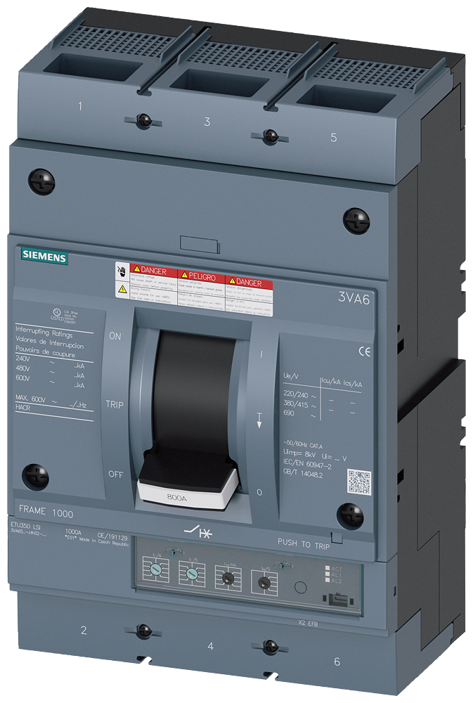 DISJUNTOR UL FRAME 800 600 A DE 3 POLOS 100 KA ETU3 LSI CONEXÃO ROSCA 3VA65607HN320AA0 SIEMENS