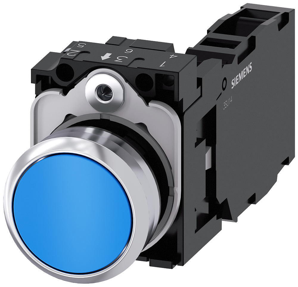 BOTÃO 22 MM REDONDO METAL DE ALTO BRILHO AZUL BOTÃO DE PRESSÃO PLANO 3SU11500AB501FA0-ZX90 SIEMENS