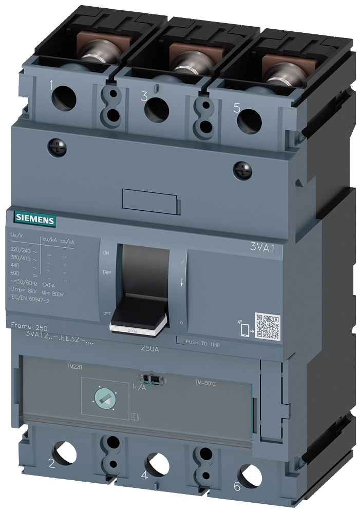 [Imagem DISJUNTOR 3VA1 IEC FRAME 250 CLASSE DE CAPACIDADE DE COMUTAÇÃO M ICU=55KA @ 415V 3VA12165EE320AA0 SIEMENS]