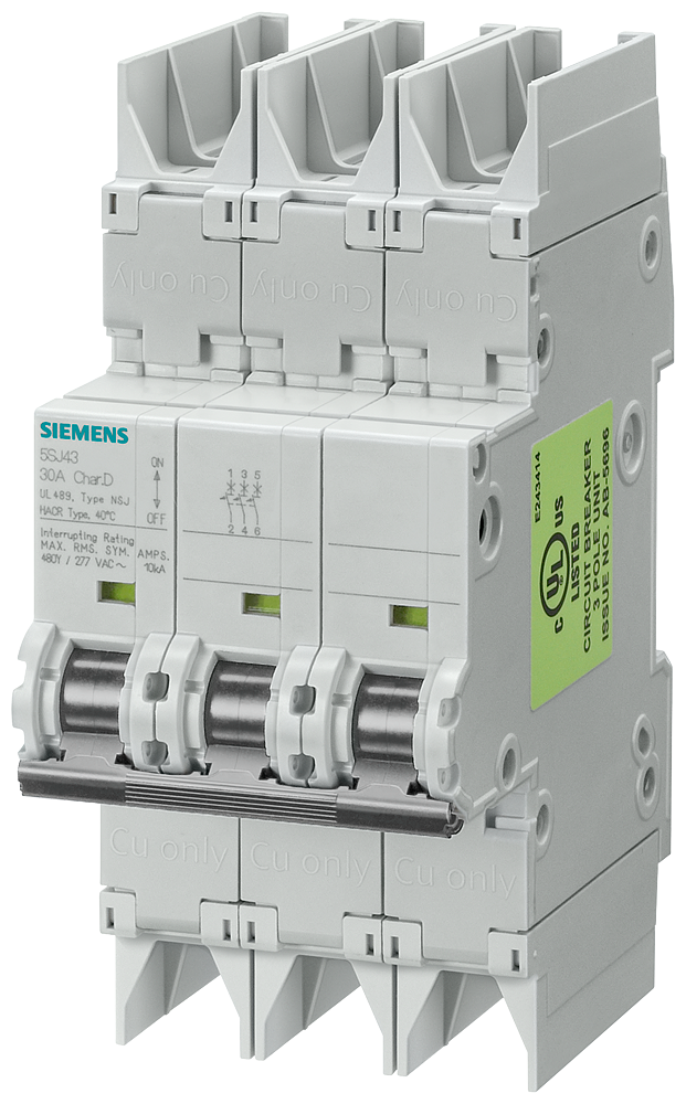 [Imagem DISJUNTOR AUTOMÁTICO 10KA, DE 3 POLOS, D, 10A SEGUNDO UL 489-480Y/277V 5SJ43108HG42 SIEMENS]