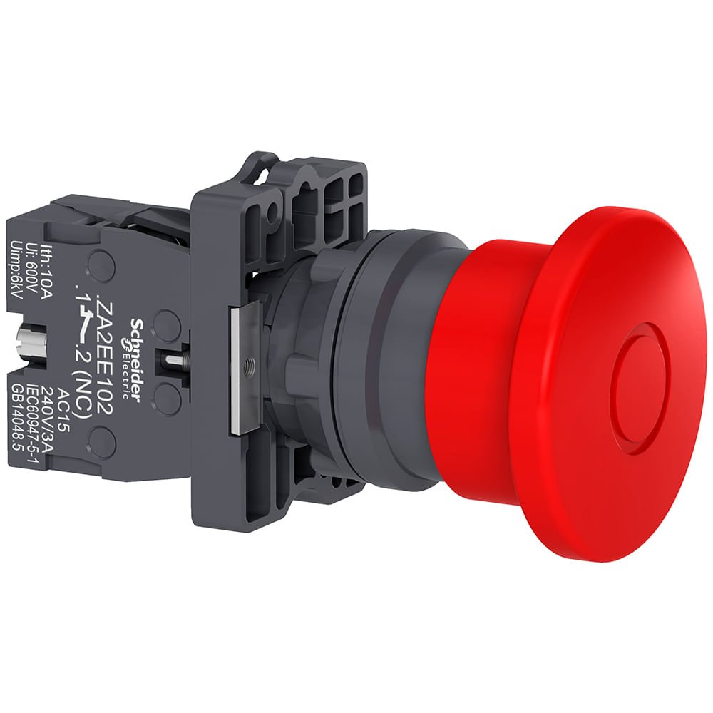 [Imagem BOTÃO Ø22MM PLÁSTICO, EMERGÊNCIA, COGUMELO Ø40MM, VERMELHO, NF XA2ET42 SCHNEIDER]