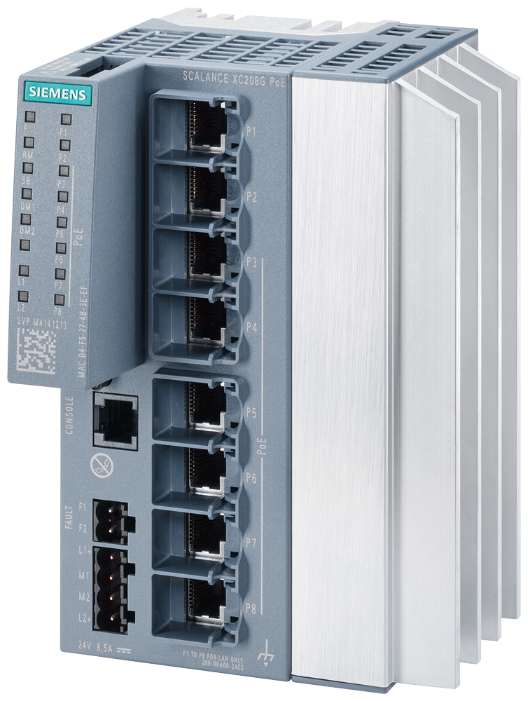 [Imagem SCALANCE XC208G POE (24 V CC), SWITCH CONTROLADO CAMADA 2, 6X RJ45 POE, 2X RJ45 6GK52080RA002AC2 SIEMENS]