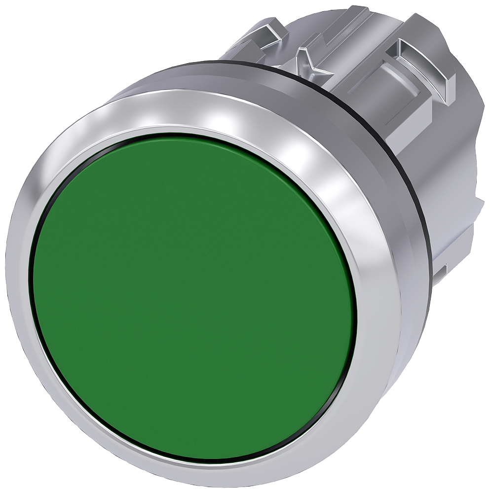 BOTÃO 22 MM REDONDO METAL DE ALTO BRILHO VERDE BOTÃO DE PRESSÃO PLANO, 3SU10500AA400AA0-ZX90 SIEMENS