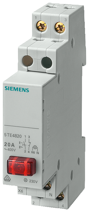 [Imagem BOTÃO, 1NA 20A, 1 TECLA VERMELHA, LED 230V 5TE4821 SIEMENS]