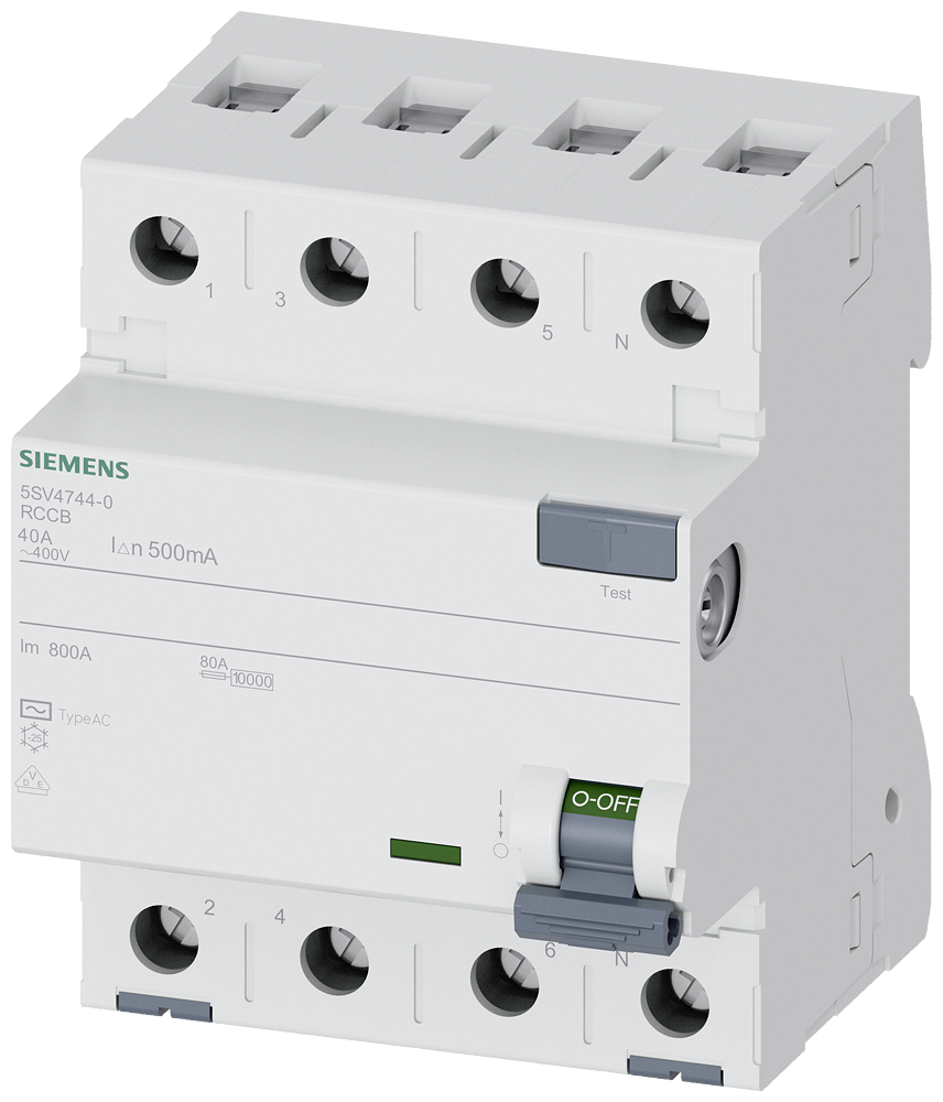 [Imagem DISJUNTOR DE CORRENTE DE FUGA, 4 POLOS, TIPO CA, IN: 40 A, 500 MA, UN CA: 400 V 5SV47440 SIEMENS]