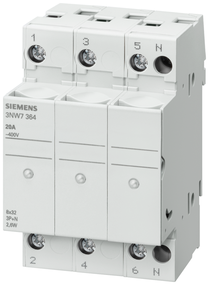PORTA-FUSÍVEIS CILÍNDRICO 8X32 MM 3P+N IN: 20 A UN CA: 400 V LED 3NW7364 SIEMENS
