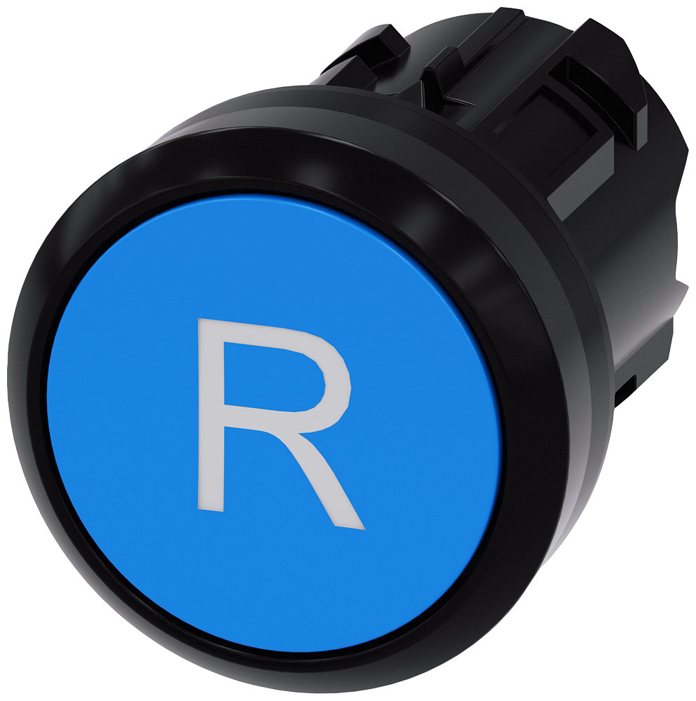 BOTÃO 22 MM REDONDO PLÁSTICO AZUL INSCRIÇÃO: R BOTÃO DE PRESSÃO PLANO, 3SU10000AB500AR0-ZX90 SIEMENS