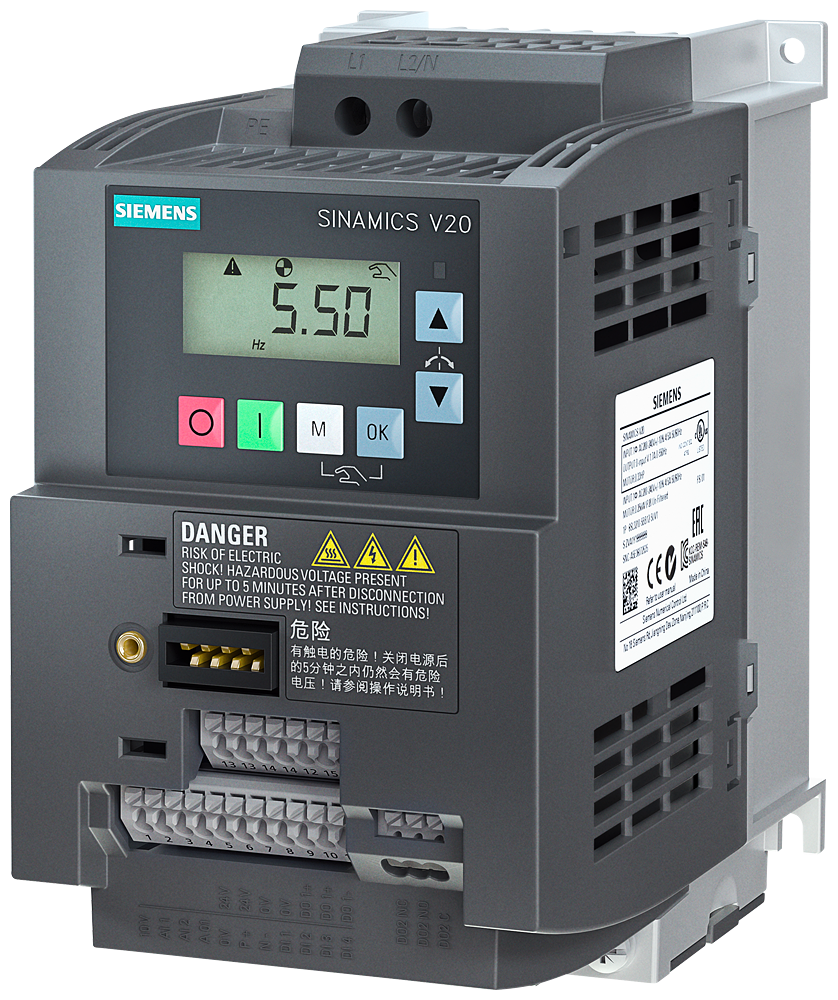 [Imagem INVERSOR DE FREQUÊNCIA MONOFÁSICO/TRIFÁSICO V20 1,1KW 6A 200/240V 47/63HZ 6SL32105BB211UV1 SIEMENS]