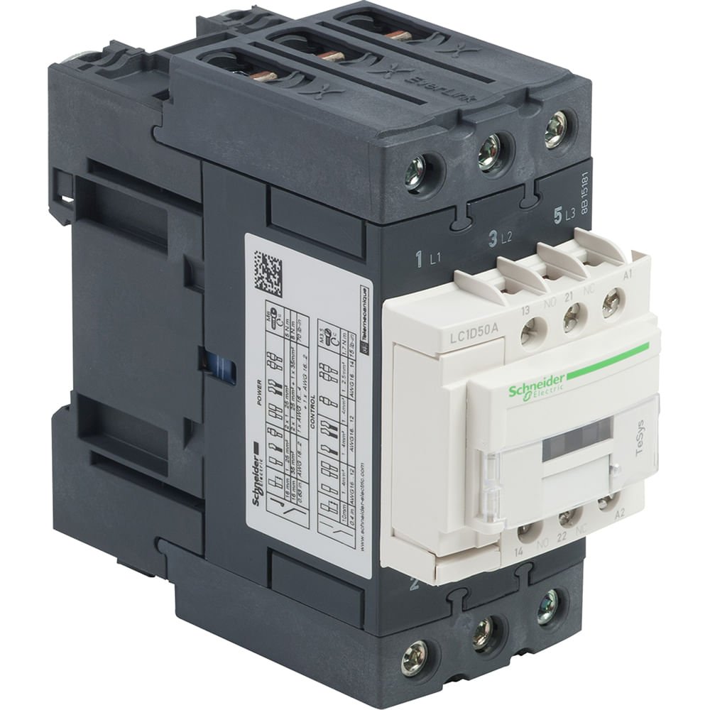 [Imagem CONTATOR TRIPOLAR TESYS D EVERLINK 50A 1NA+1NF 24VCA. LC1D50AB7 SCHNEIDER]