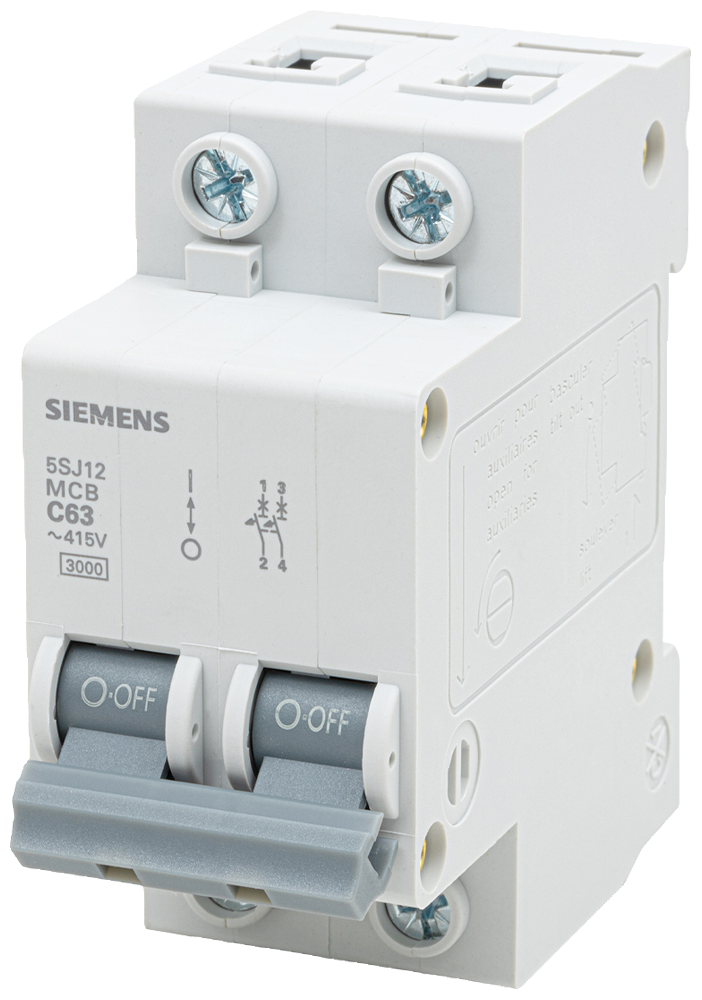 [Imagem DISJUNTOR MINI BIPOLAR 63A 220/380V CURVA C 3KA 5SJ12637MB SIEMENS]