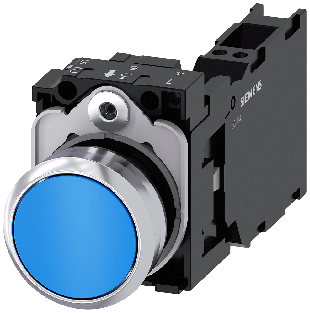 BOTÃO 22 MM REDONDO METAL DE ALTO BRILHO AZUL BOTÃO DE PRESSÃO PLANO 3SU11500AB503FA0-ZY10 SIEMENS