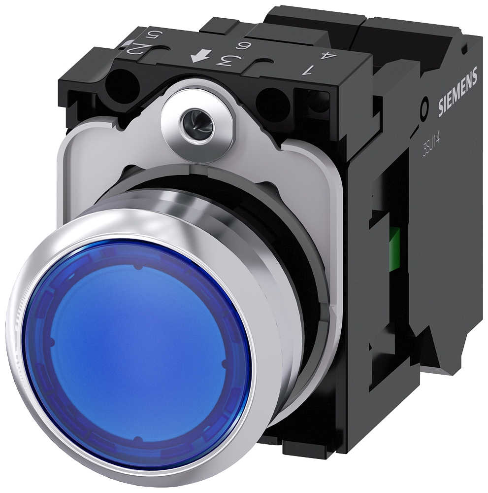 BOTÃO ILUMINADO 22 MM REDONDO METAL DE ALTO BRILHO AZUL BOTÃO DE PRESSÃ 3SU11530AB503BA0-ZY12 SIEMENS