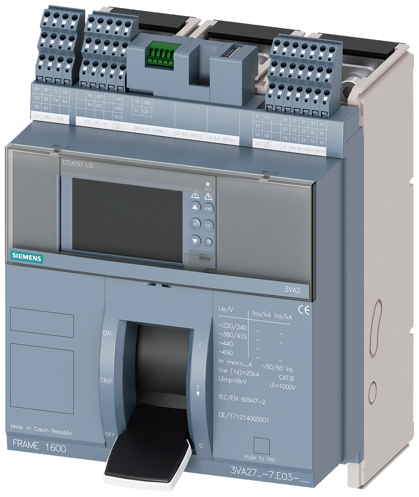[Imagem DISJUNTOR COM ALAVANCA BASCULANTE COMPACTO DE MONTAGEM FIXA FRAME 1600; 4AUX ... 3VA27805AE030AA0 SIEMENS]
