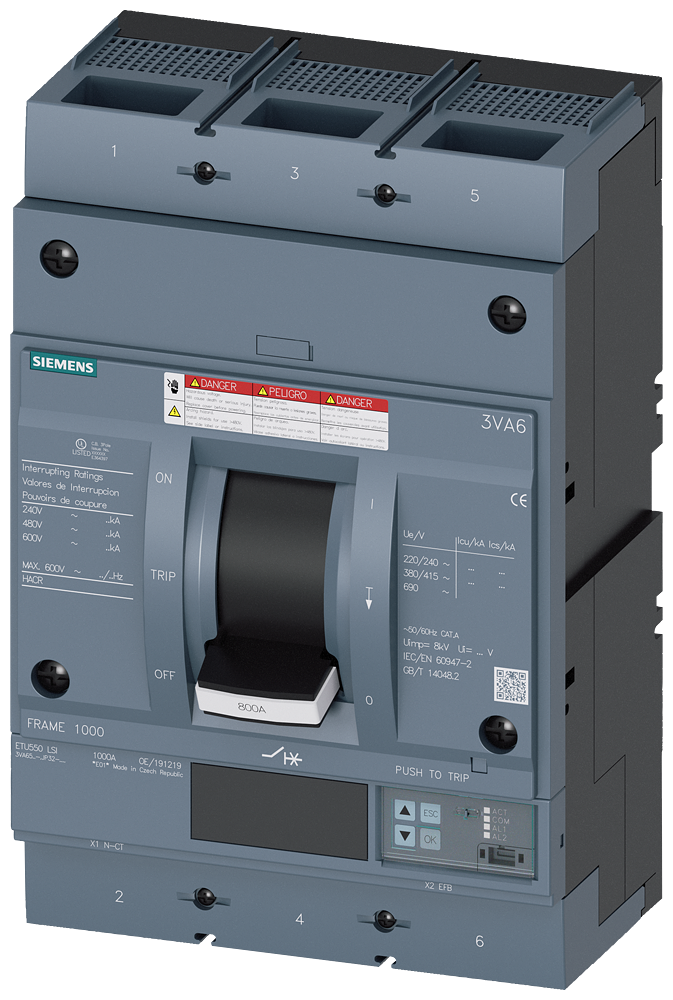 DISJUNTOR UL FRAME 800 600 A DE 3 POLOS 100 KA ETU5 LSI CONEXÃO ROSCA 3VA65607JP320AA0 SIEMENS