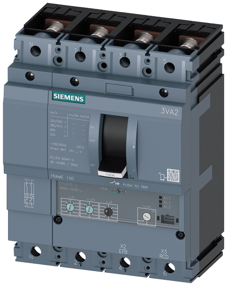 DISJUNTOR IEC FRAME 100 63 A DE 4 POLOS 150 KA ETU3 LI CONEXÃO ROSCAD 3VA20638HL420AA0 SIEMENS