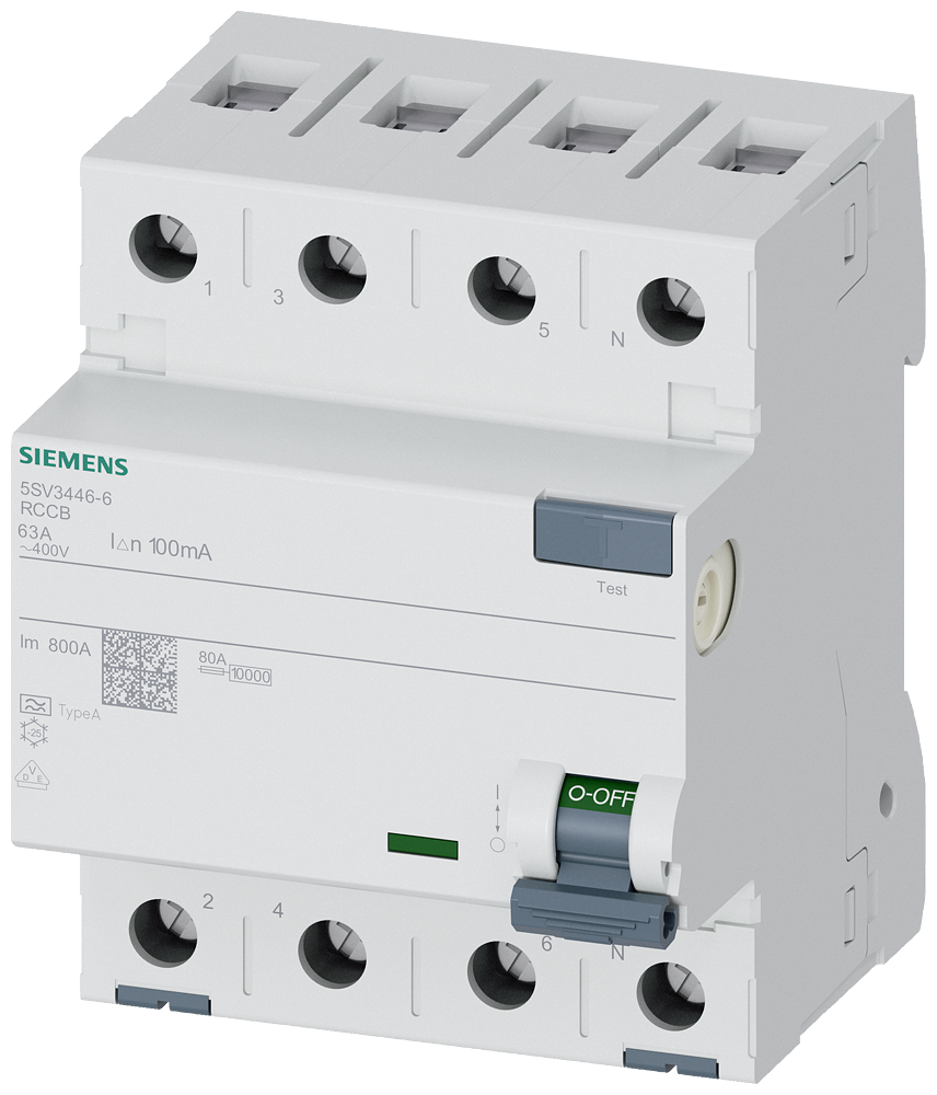[Imagem DISJUNTOR DE CORRENTE DE FUGA, 4 POLOS, TIPO A, IN: 63 A, 100 MA, UN CA: 400 V 5SV34466 SIEMENS]