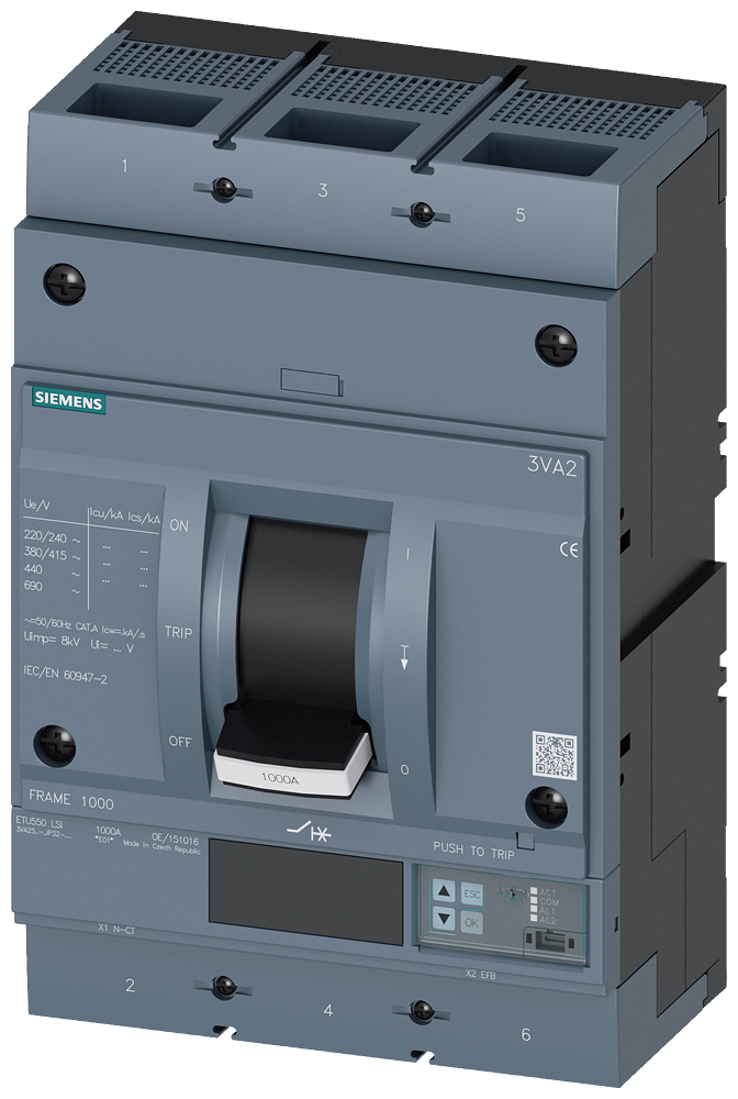 [Imagem DISJUNTOR CAIXA MOLDADA TRIPOLAR 1000A 85KA 415V 3VA25106JP320AA0 SIEMENS]