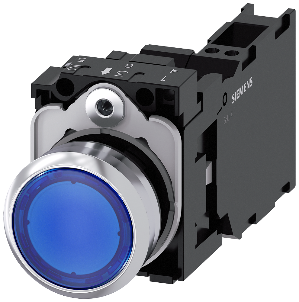 BOTÃO ILUMINADO 22 MM REDONDO METAL DE ALTO BRILHO AZUL BOTÃO DE PRESSÃ 3SU11560AB503FA0-ZY19 SIEMENS