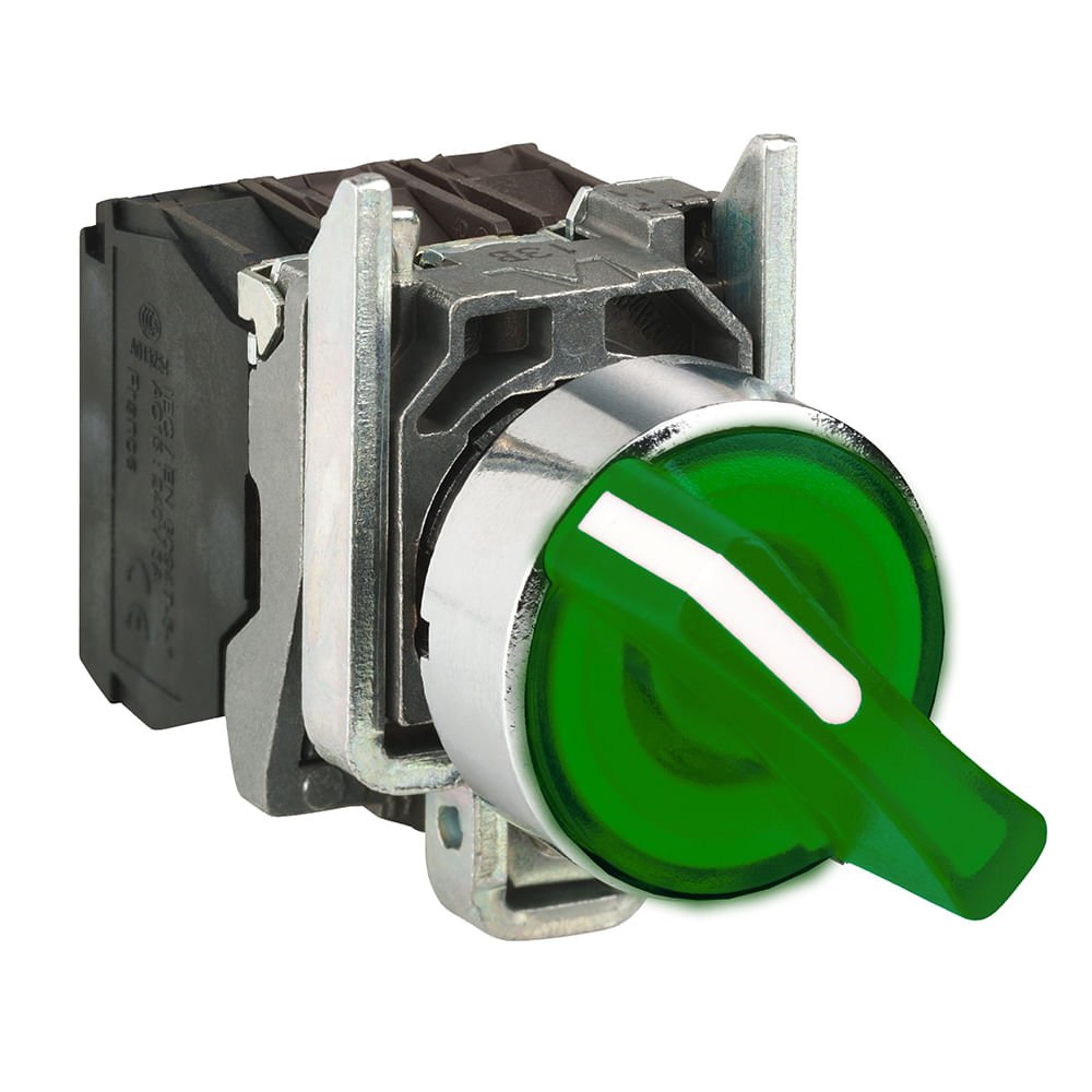 [Imagem COMUTADOR LUMINOSO Ø22MM METÁLICO, 2 POSIÇÕES FIXAS, VERDE, NA+NF, 24V XB4BK123B5 SCHNEIDER]