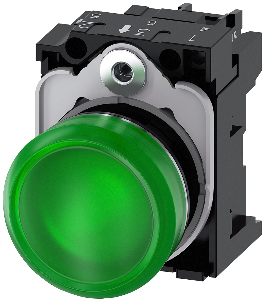 [Imagem do produto SINALIZADOR LUMINOSO, 22MM, REDONDO, METAL, ALTO BRILHO, VERDE, LENTE, PLANO, 3SU11566AA401AA0 SIEMENS]