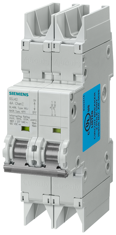 [Imagem DISJUNTOR AUTOMÁTICO 10KA, DE 2 POLOS, D, 5A SEGUNDO UL 489-480Y/277V 5SJ42118HG42 SIEMENS]