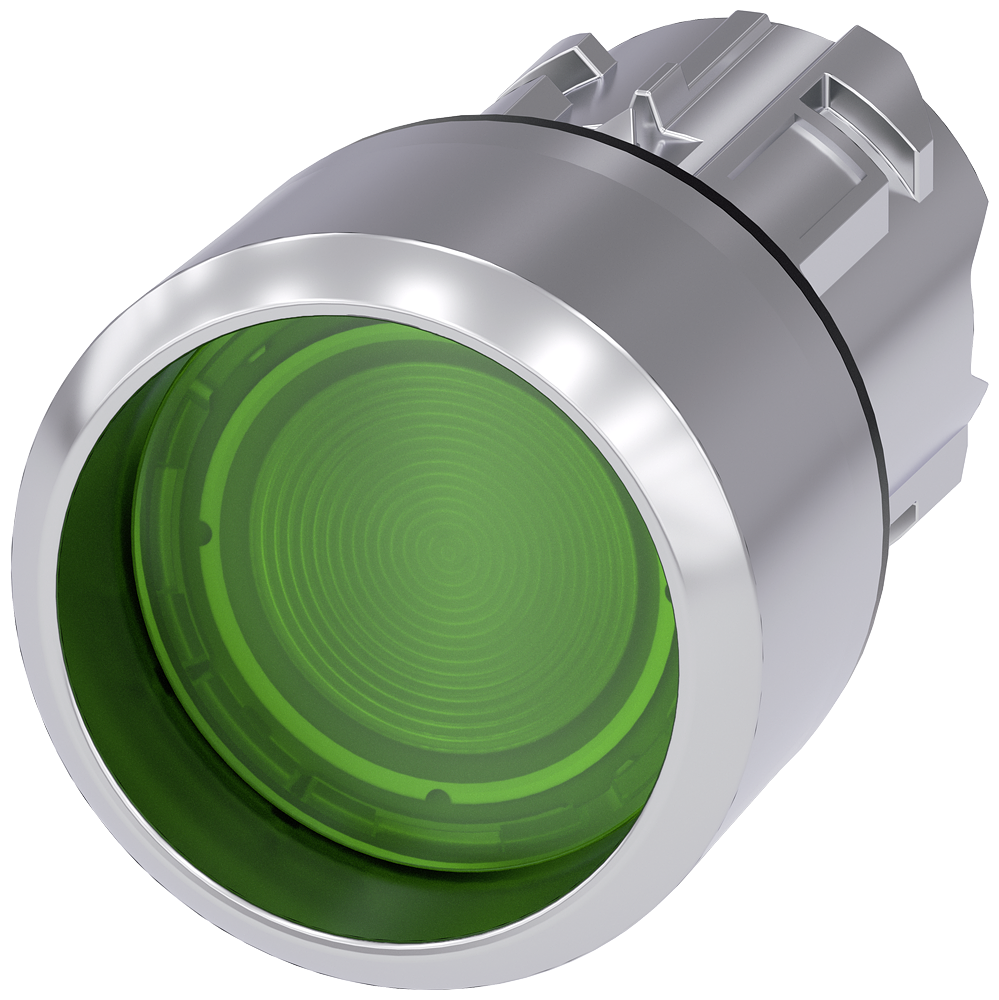 BOTÃO DE PRESSÃO ILUMINADO 22 MM REDONDO METAL ALTO BRILHO VERDE ANEL F 3SU10510CB400AA0 SIEMENS