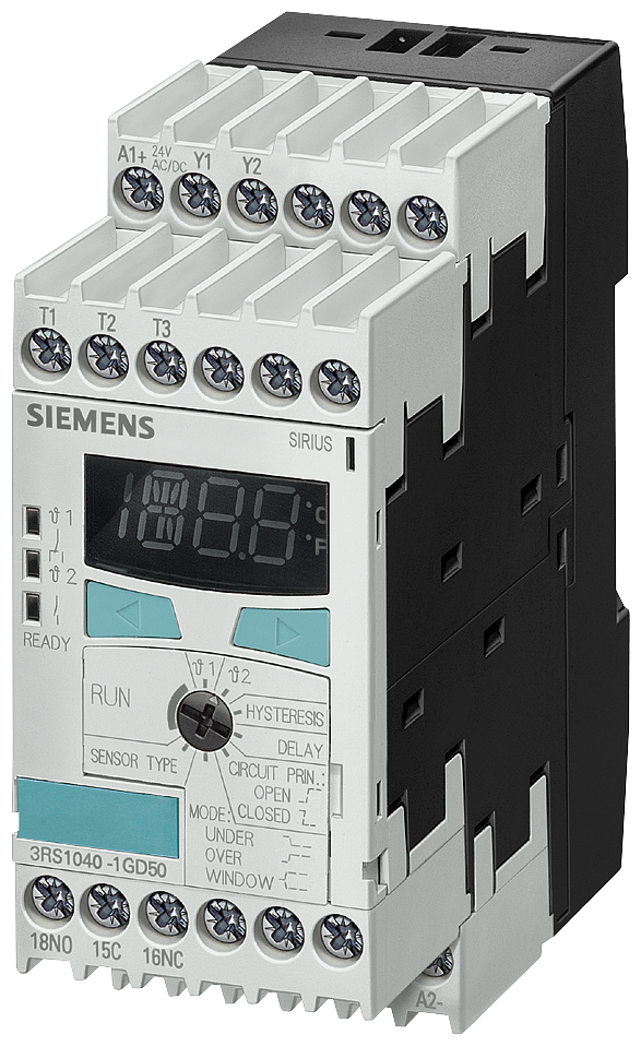 [Imagem RELÉ DE MONITORAMENTO DE TEMPERATURA PT100/1000 KTY83/84 TERMISTOR NTC 3 SEN 3RS10411GW50 SIEMENS]