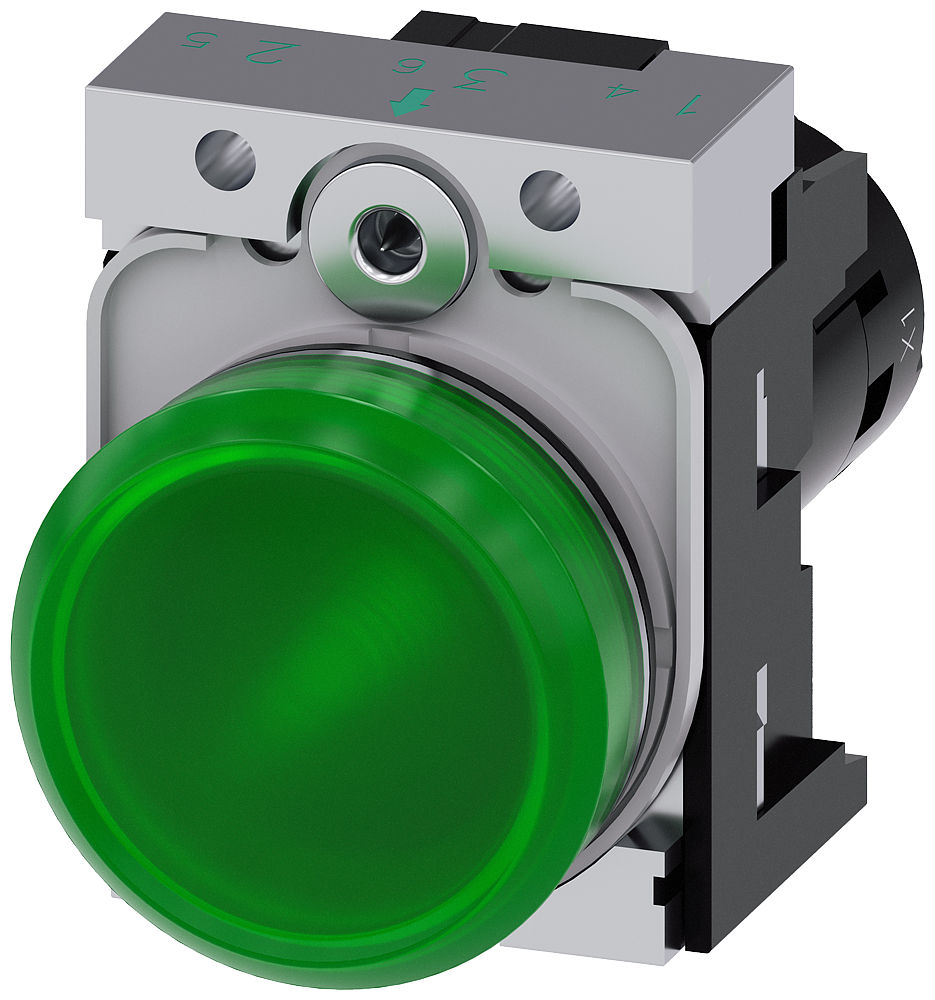 SINALIZADOR LUMINOSO 22MM REDONDO METAL ALTO BRILHO VERDE LENTE PLANO, 3SU12516AB401AA0 SIEMENS