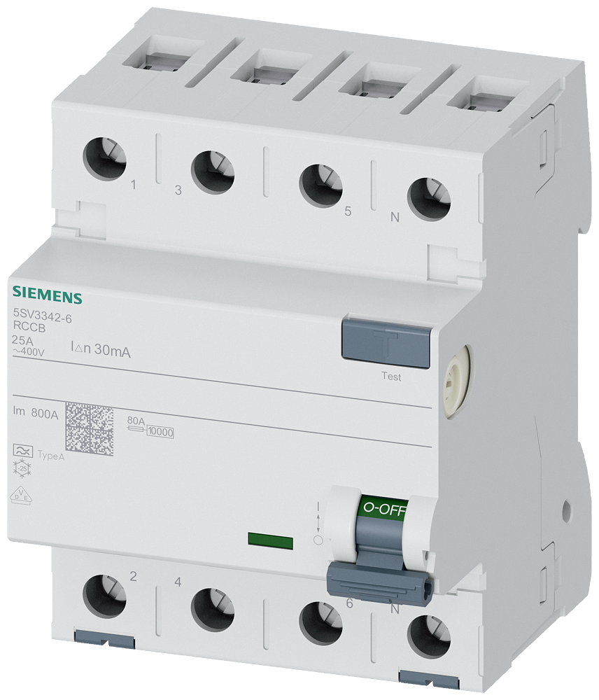 [Imagem do produto DISJUNTOR DIFERENCIAL RESIDUAL TETRAPOLAR 400V 25A 30MA 5SV33426 SIEMENS]