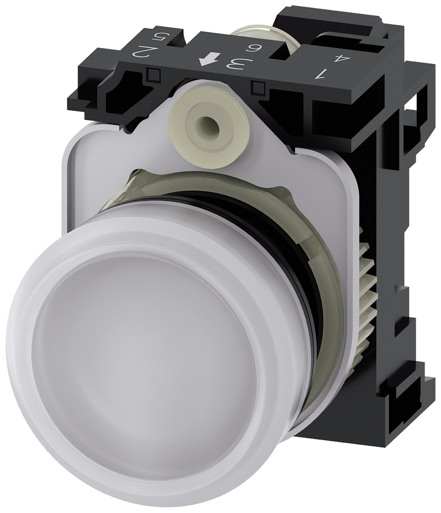 [Imagem do produto SINALIZADOR LUMINOSO, 22MM, REDONDO, PLÁSTICO, BRANCO, LENTE, PLANO, 230V CA 3SU11066AA603AA0 SIEMENS]