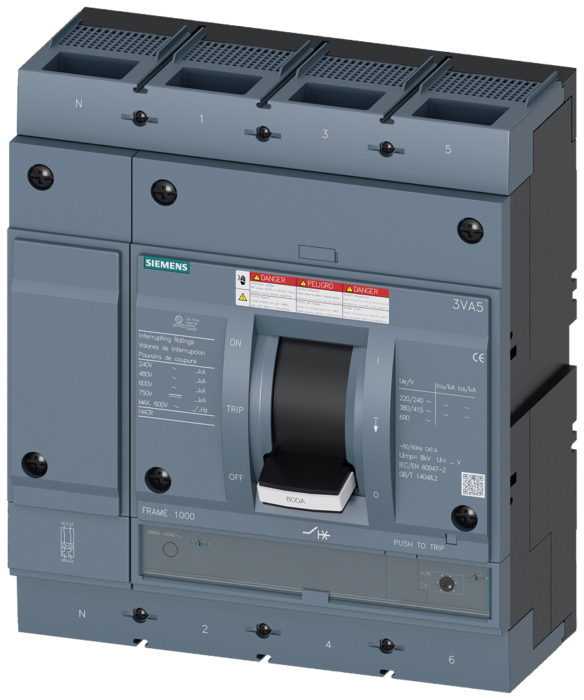 DISJUNTOR UL FRAME 800 800 A DE 4 POLOS 65 KA TM FTAM CONEXÃO ROSCADA 3VA55806EC420AA0 SIEMENS