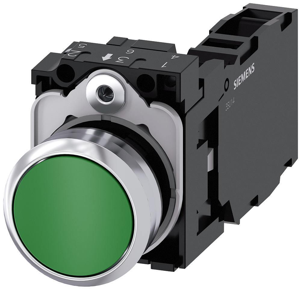 BOTÃO 22 MM REDONDO METAL DE ALTO BRILHO VERDE BOTÃO DE PRESSÃO PLANO, 3SU11500AB401FA0-ZY12 SIEMENS