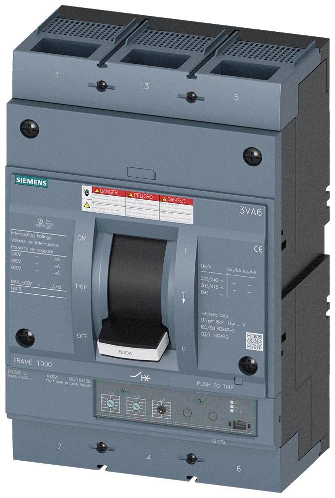 DISJUNTOR UL FRAME 800 800 A DE 3 POLOS 65 KA ETU3 LI CONEXÃO ROSCADA 3VA65806HL322AA0 SIEMENS