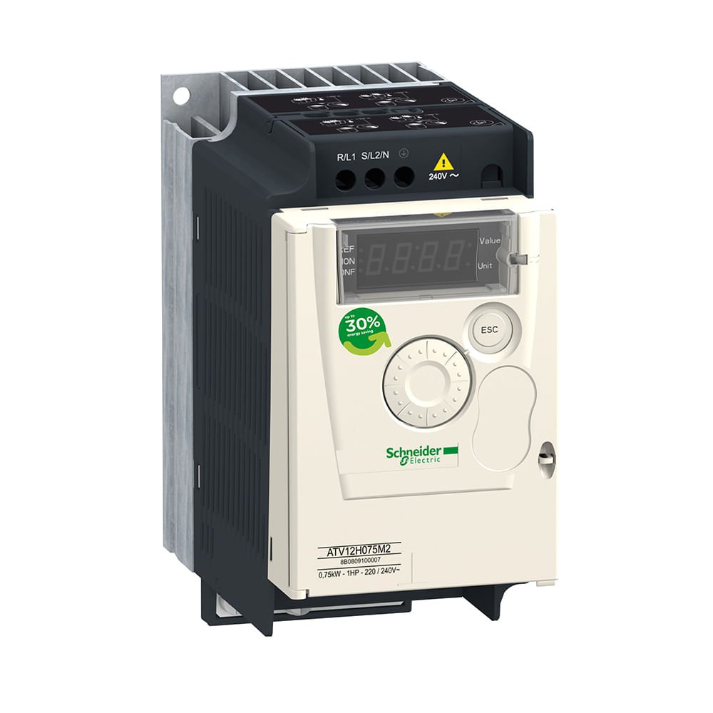 [Imagem INVERSOR  DE FREQUÊNCIA MONOFÁSICO 0.75KW 4.2A 200/240V 50/60HZ ATV12H075M2 SCHNEIDER]