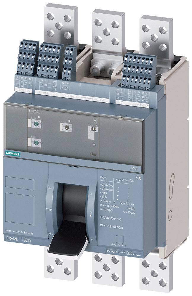 [Imagem DISJUNTOR DE MONTAGEM COMPACTO DE MONTAGEM FIXA FRAME 1600; 4AUX E CONTATO DE... 3VA27125AB050AA0 SIEMENS]