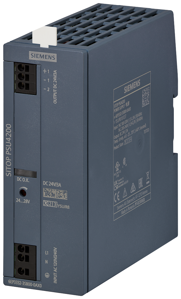 [Imagem do produto ALIMENTAÇÃO DE CORRENTE SITOP PSU4200, MONOFÁSICA 24 V CC/3 A 6EP33323SB000AX0 SIEMENS]
