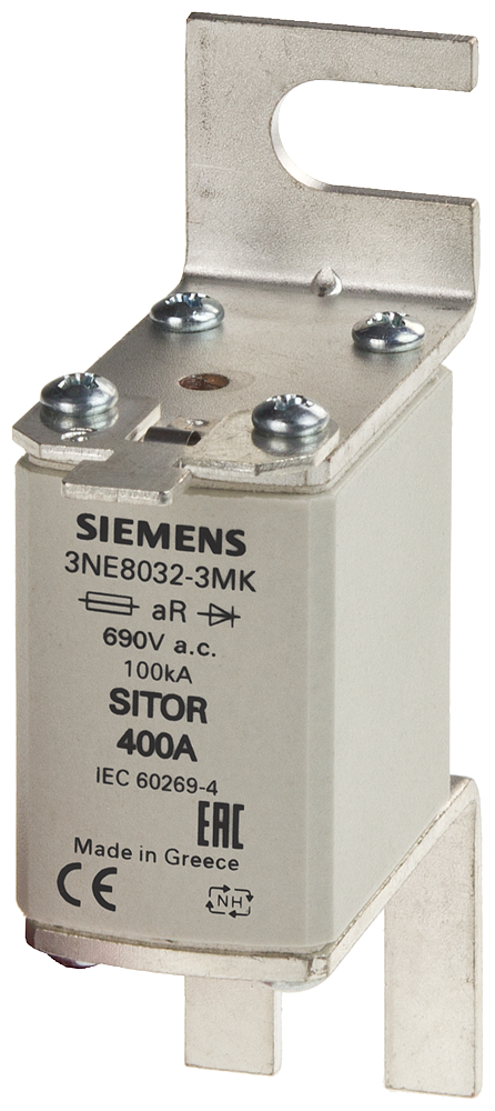 ELEMENTO DE FUSÍVEL SITOR COM ECLISSAS DE APARAFUSAR NH00 IN: 400 A AR U 3NE80323MK SIEMENS