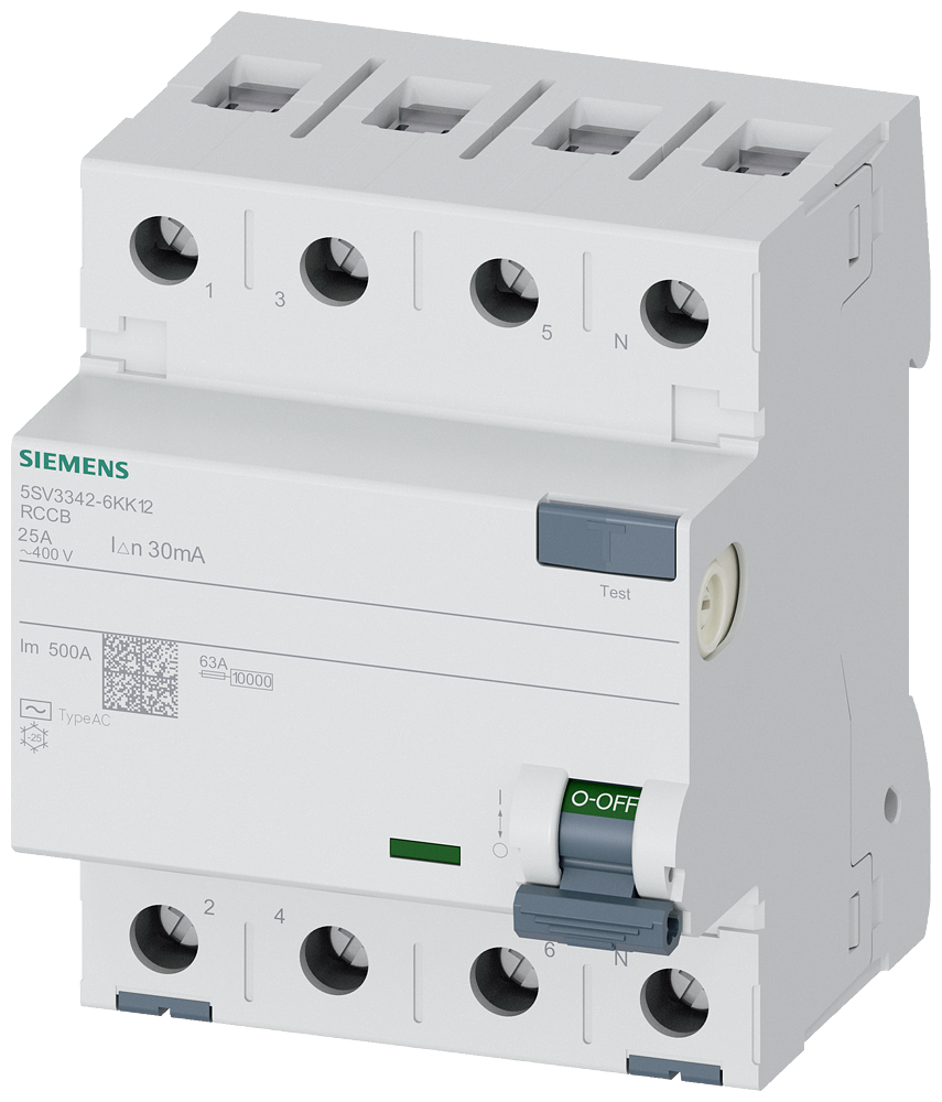 [Imagem DISJUNTOR DE CORRENTE DE FUGA, DE 4 POLOS, TIPO A, IN: 25 A, 30 MA, UN CA: 40 5SV33426KK12 SIEMENS]