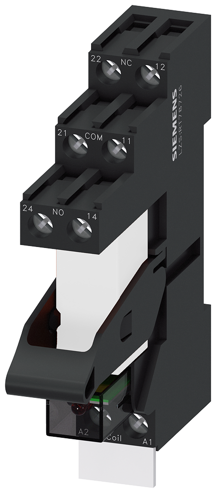 RELÉ DE ENCAIXE CC24V 2CI LED VERDE BASE COM SEPARAÇÃO LÓGICA TERMINAL C LZS:RT4B4L24A SIEMENS